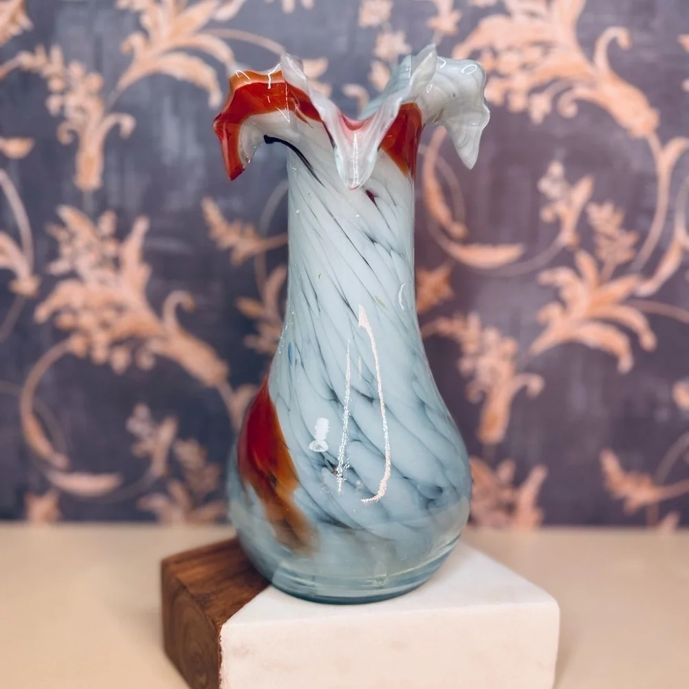 1960s End of Day Handblown Orange Blue Swirl Ruffled Glass Murano Vase